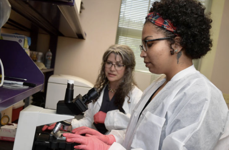 A student adds a slide to a microscope while the instructor watches